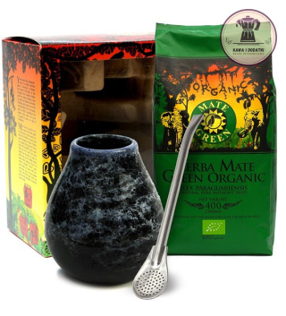 ZESTAW STARTOWY DO YERBA MATE BIO 400 g, MATERO (LOSOWY WZÓR), BOMBILLA - ORGANIC MATE GREEN