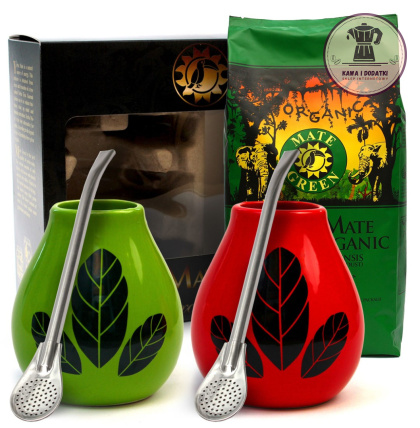 ZESTAW STARTOWY DO YERBA MATE DLA DWOJGA BIO 400 g, 2 x MATERO (LOSOWY WZÓR), 2 x BOMBILLA - ORGANIC MATE GREEN