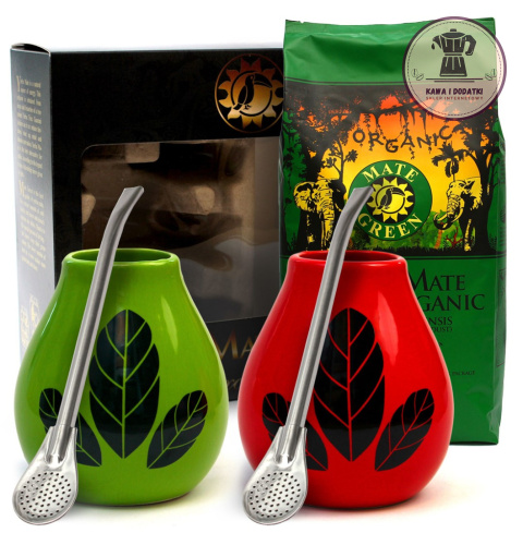 ZESTAW STARTOWY DO YERBA MATE DLA DWOJGA BIO 400 g, 2 x MATERO (LOSOWY WZÓR), 2 x BOMBILLA - ORGANIC MATE GREEN