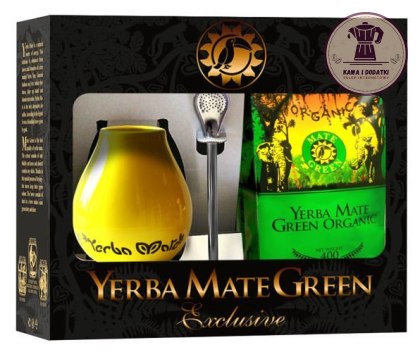 ZESTAW STARTOWY DO YERBA MATE BIO 400 g, MATERO (LOSOWY WZÓR), BOMBILLA - ORGANIC MATE GREEN