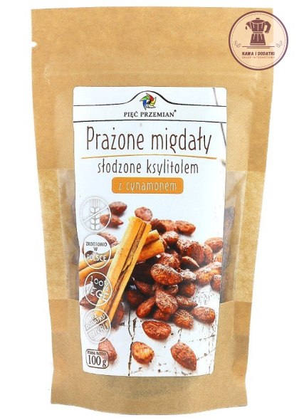 MIGDAŁY PRAŻONE Z CYNAMONEM SŁODZONE KSYLITOLEM BEZGLUTENOWE 100 g - PIĘĆ PRZEMIAN